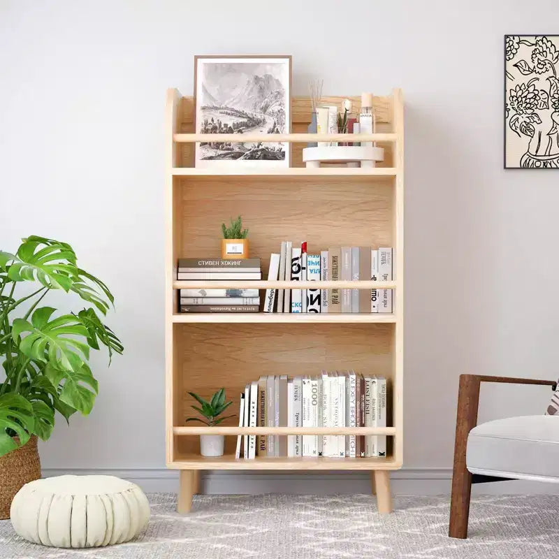 Bibliothèque Okak en bois massif de pin, étagères épaisses avec 3 niveaux, organiseur de rangement de style ferme pour salon, bureau, bois naturel