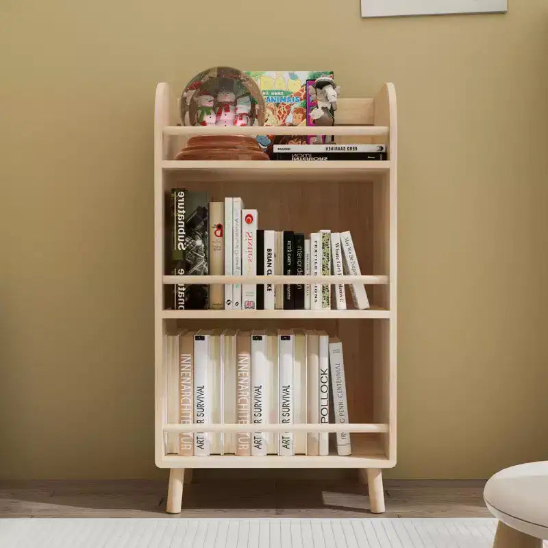 Bibliothèque Okak en bois massif de pin, étagères épaisses avec 3 niveaux, organiseur de rangement de style ferme pour salon, bureau, bois naturel