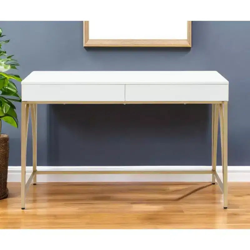 HomeRoots Coiffeuse 50 Blanc et Or en Bois et Acier avec Deux Tiroirs