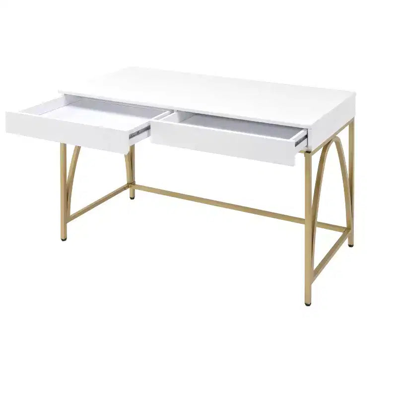 HomeRoots Coiffeuse 50 Blanc et Or en Bois et Acier avec Deux Tiroirs