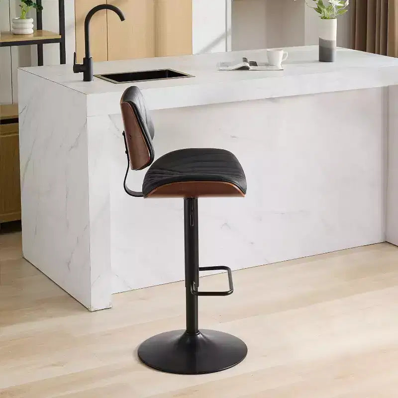 Tabouret de bar moderne pivotant à hauteur réglable, en bois courbé de noyer et similicuir, rotation à 360°, dossier ergonomique, base stable pour la cuisine et le bar à domicile