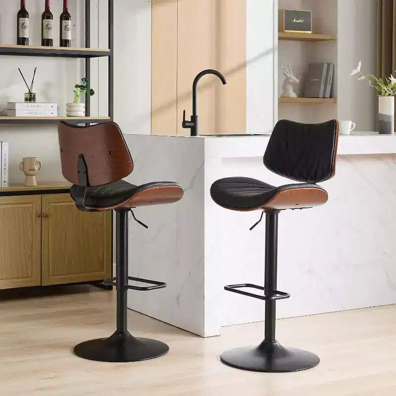 Tabouret de bar moderne pivotant à hauteur réglable, en bois courbé de noyer et similicuir, rotation à 360°, dossier ergonomique, base stable pour la cuisine et le bar à domicile