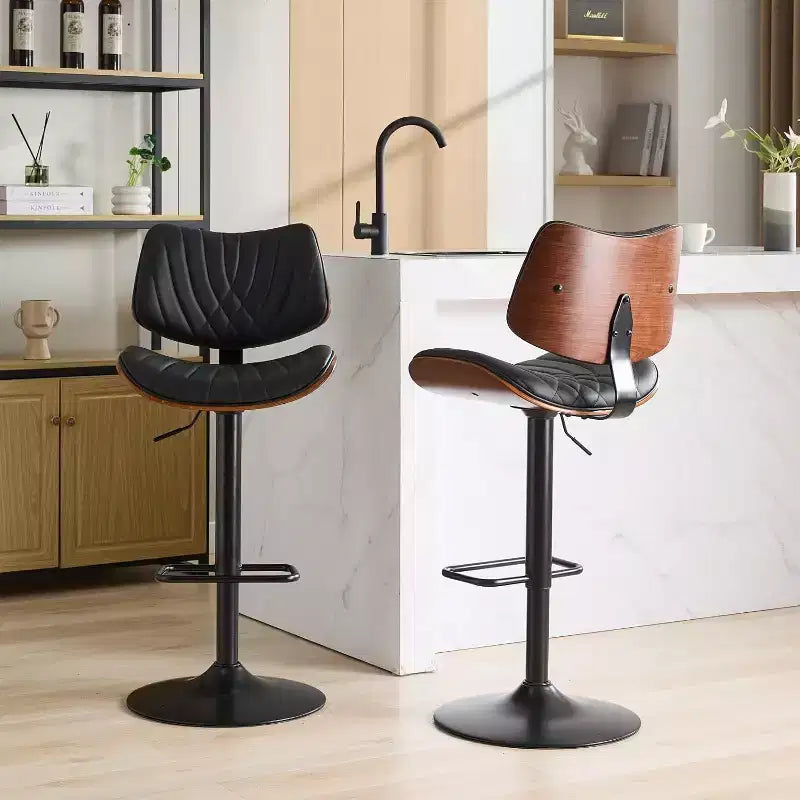 Tabouret de bar moderne pivotant à hauteur réglable, en bois courbé de noyer et similicuir, rotation à 360°, dossier ergonomique, base stable pour la cuisine et le bar à domicile
