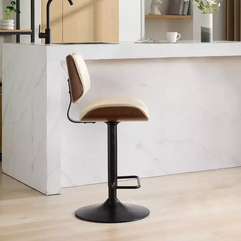 Tabouret de bar moderne pivotant à hauteur réglable, en bois courbé de noyer et similicuir, rotation à 360°, dossier ergonomique, base stable pour la cuisine et le bar à domicile