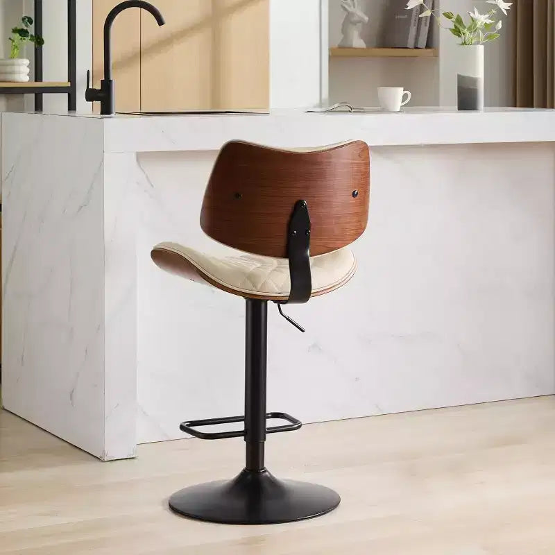 Tabouret de bar moderne pivotant à hauteur réglable, en bois courbé de noyer et similicuir, rotation à 360°, dossier ergonomique, base stable pour la cuisine et le bar à domicile