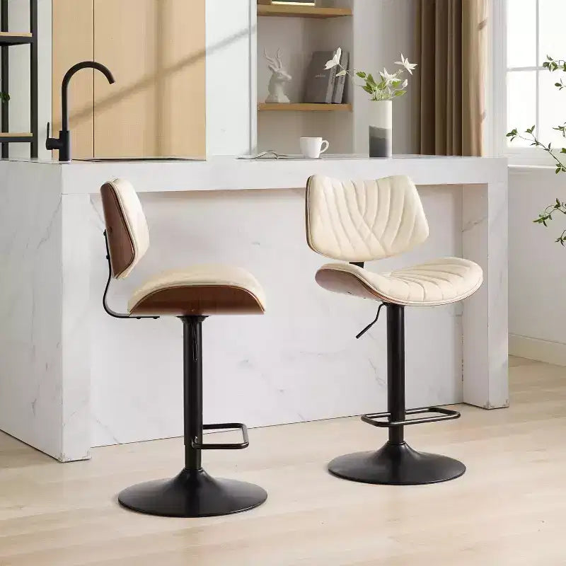 Tabouret de bar moderne pivotant à hauteur réglable, en bois courbé de noyer et similicuir, rotation à 360°, dossier ergonomique, base stable pour la cuisine et le bar à domicile