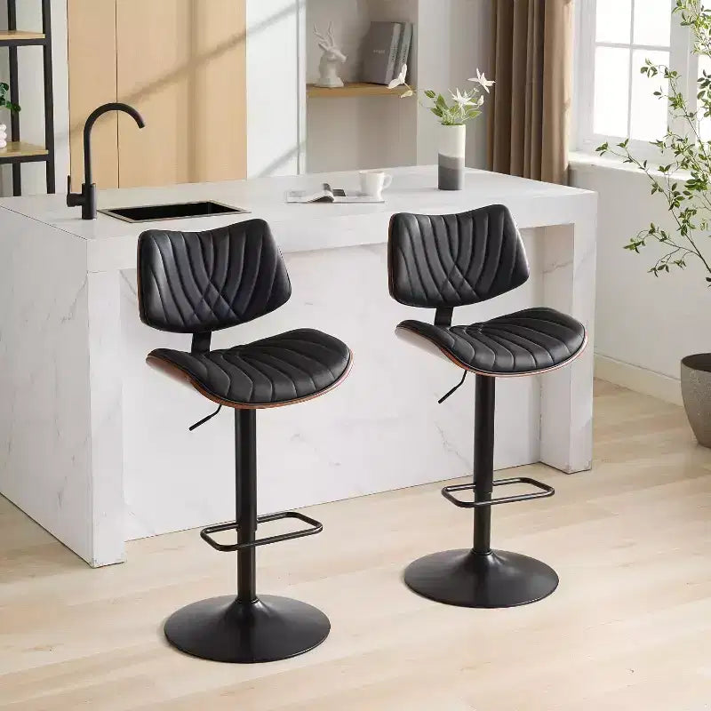 Tabouret de bar moderne pivotant à hauteur réglable, en bois courbé de noyer et similicuir, rotation à 360°, dossier ergonomique, base stable pour la cuisine et le bar à domicile