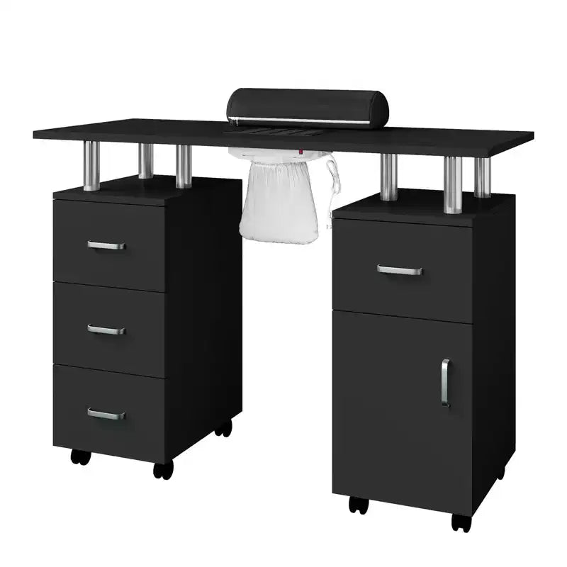 Table de Manucure, Bureau d'Onglerie pour Technicien d'Ongles, Poste de Travail pour Onglerie avec Aspirateur de Poussière, Station de Travail de Salon de Beauté avec Roulettes Verrouillables et Coussin de Poignet