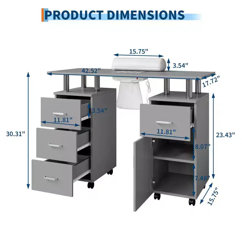 Table de Manucure, Bureau d'Onglerie pour Technicien d'Ongles, Poste de Travail pour Onglerie avec Aspirateur de Poussière, Station de Travail de Salon de Beauté avec Roulettes Verrouillables et Coussin de Poignet