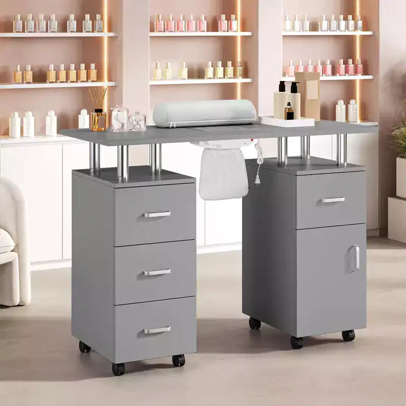 Table de Manucure, Bureau d'Onglerie pour Technicien d'Ongles, Poste de Travail pour Onglerie avec Aspirateur de Poussière, Station de Travail de Salon de Beauté avec Roulettes Verrouillables et Coussin de Poignet