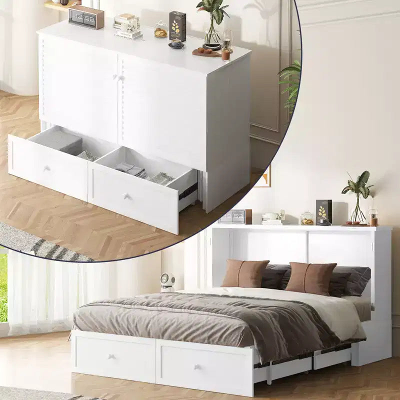 Lit escamotable moderne Mjkone Queen Size avec ports USB, 2 tiroirs avec matelas de 12 cm