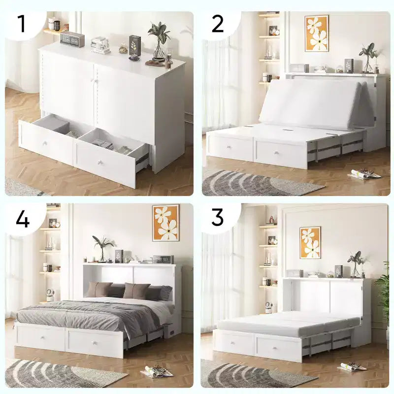 Lit escamotable moderne Mjkone Queen Size avec ports USB, 2 tiroirs avec matelas de 12 cm