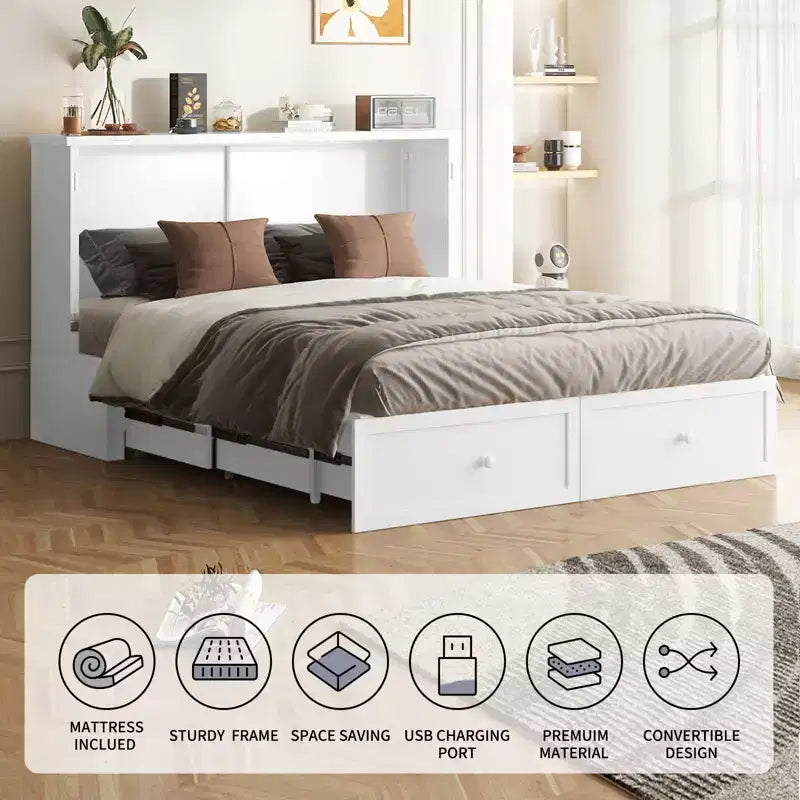 Lit escamotable moderne Mjkone Queen Size avec ports USB, 2 tiroirs avec matelas de 12 cm