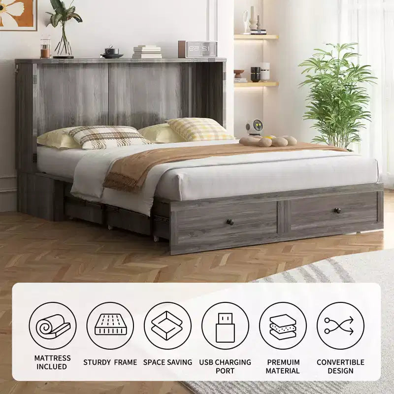 Lit escamotable moderne Mjkone Queen Size avec ports USB, 2 tiroirs avec matelas de 12 cm