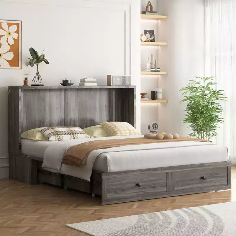 Lit escamotable moderne Mjkone Queen Size avec ports USB, 2 tiroirs avec matelas de 12 cm