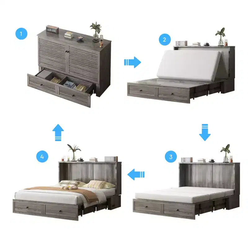 Lit escamotable moderne Mjkone Queen Size avec ports USB, 2 tiroirs avec matelas de 12 cm