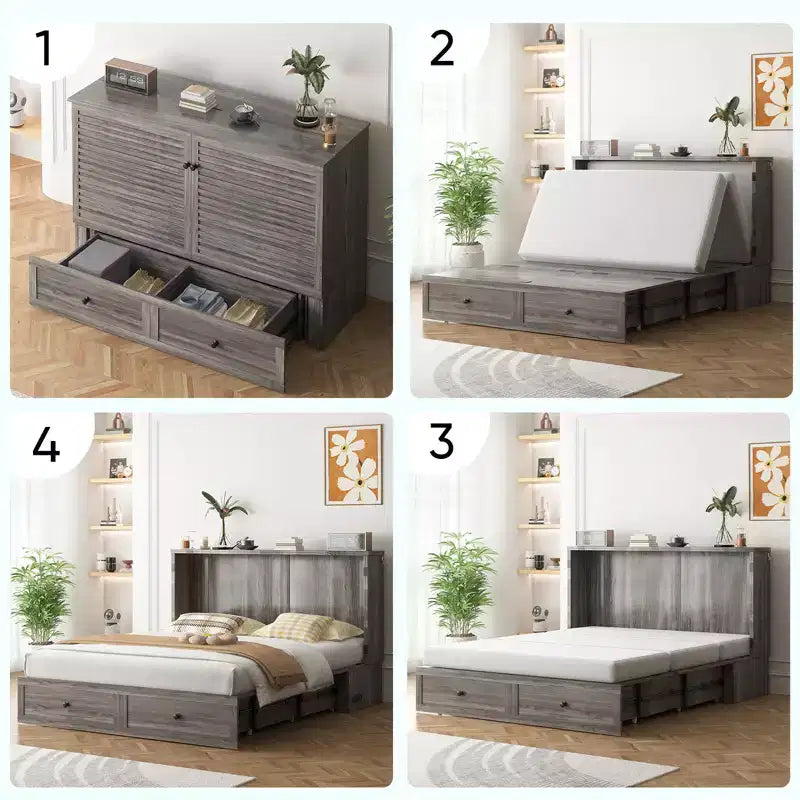 Lit escamotable moderne Mjkone Queen Size avec ports USB, 2 tiroirs avec matelas de 12 cm