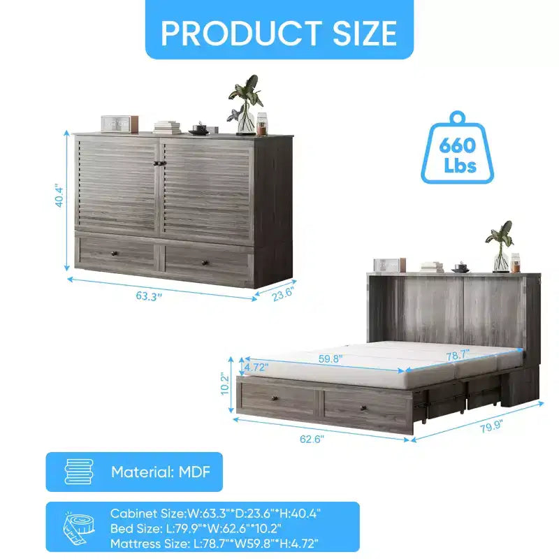 Lit escamotable moderne Mjkone Queen Size avec ports USB, 2 tiroirs avec matelas de 12 cm