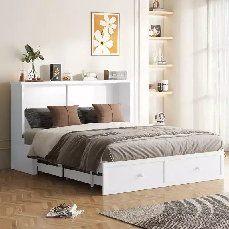 Lit escamotable moderne Mjkone Queen Size avec ports USB, 2 tiroirs avec matelas de 12 cm