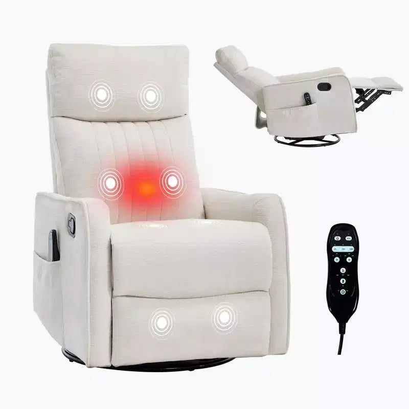 Fauteuil inclinable manuel massant et chauffant beige en tissu avec fonction bascule et pivot pour salon