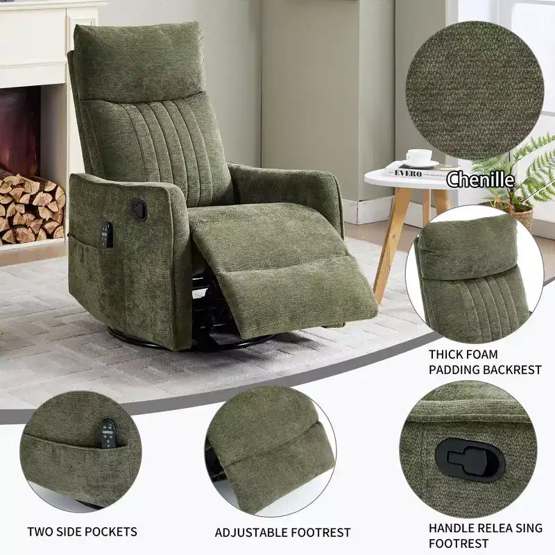 Fauteuil inclinable manuel massant et chauffant beige en tissu avec fonction bascule et pivot pour salon