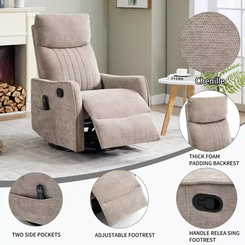 Fauteuil inclinable manuel massant et chauffant beige en tissu avec fonction bascule et pivot pour salon