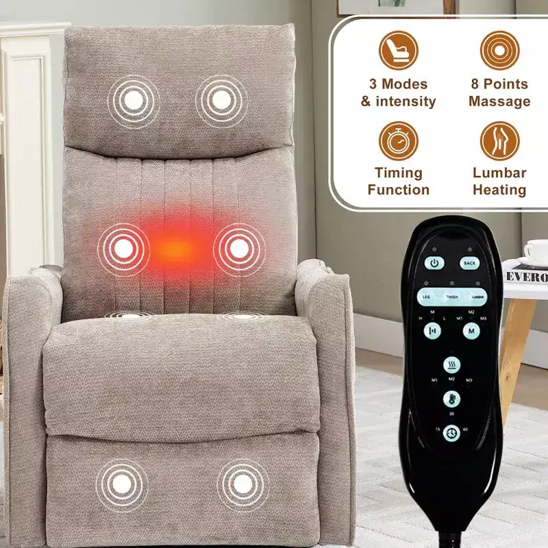 Fauteuil inclinable manuel massant et chauffant beige en tissu avec fonction bascule et pivot pour salon