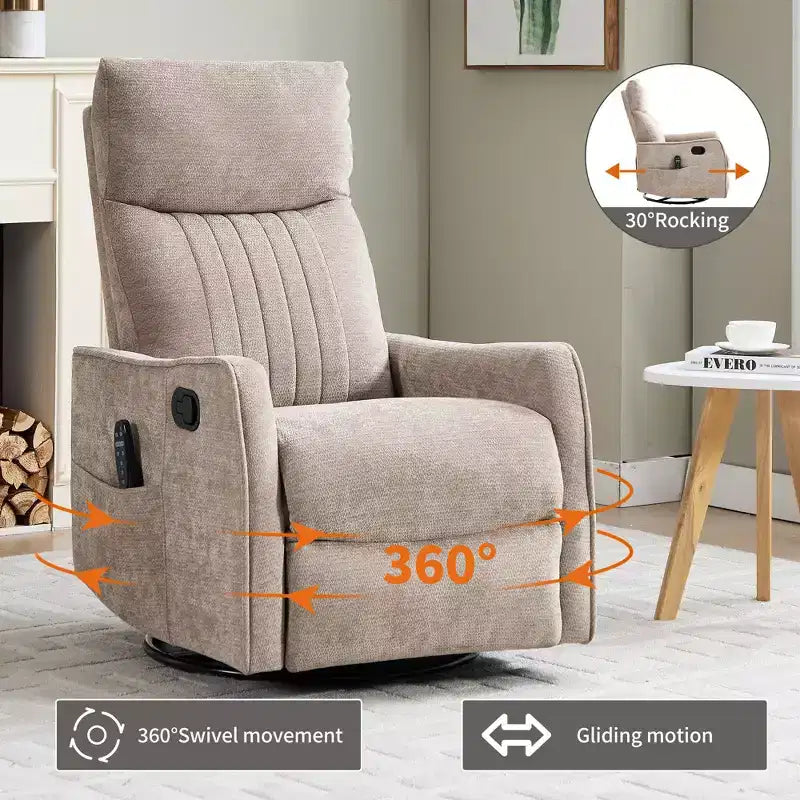Fauteuil inclinable manuel massant et chauffant beige en tissu avec fonction bascule et pivot pour salon