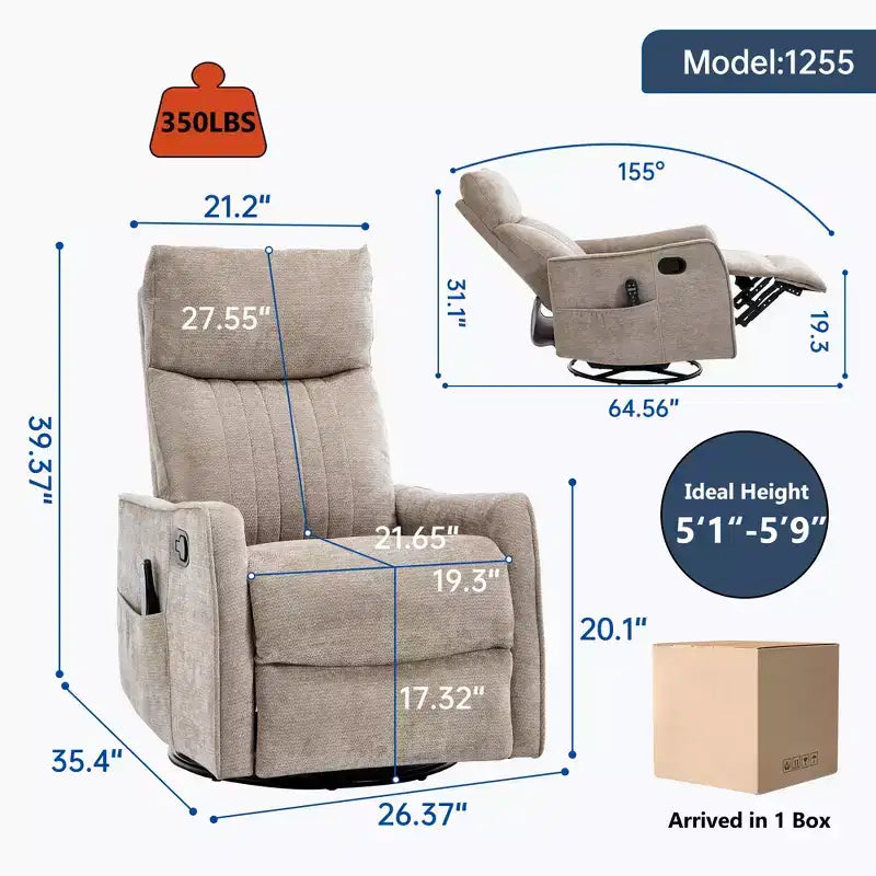 Fauteuil inclinable manuel massant et chauffant beige en tissu avec fonction bascule et pivot pour salon