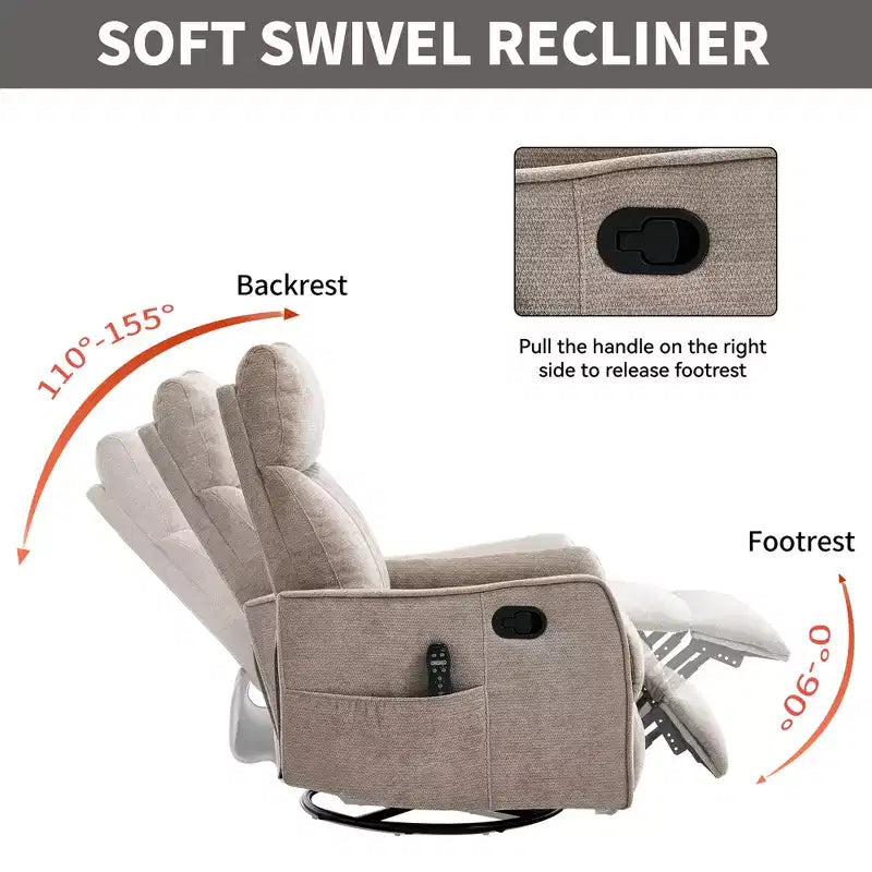 Fauteuil inclinable manuel massant et chauffant beige en tissu avec fonction bascule et pivot pour salon