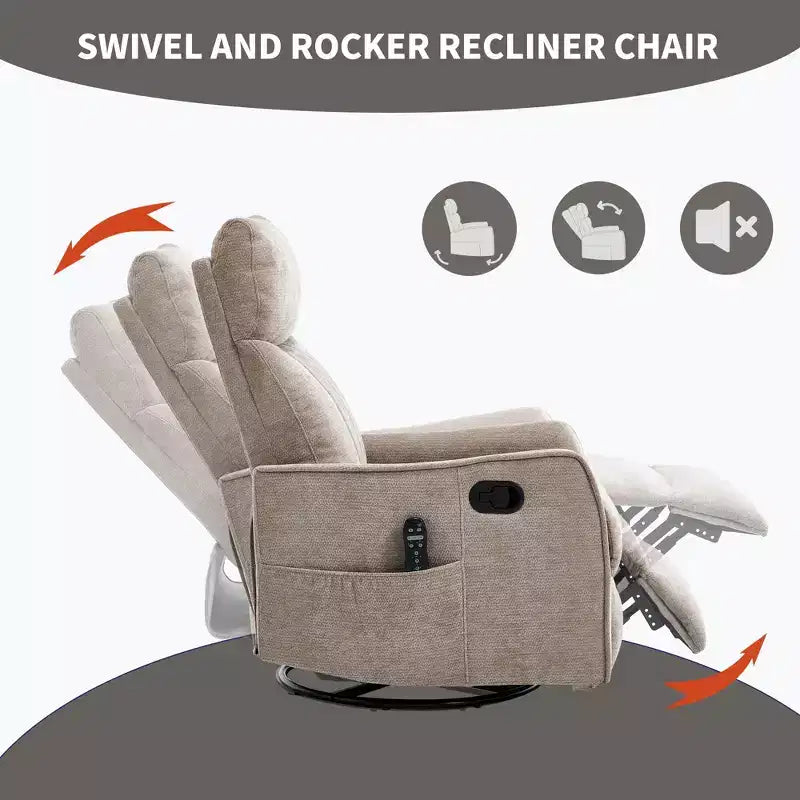 Fauteuil inclinable manuel massant et chauffant beige en tissu avec fonction bascule et pivot pour salon