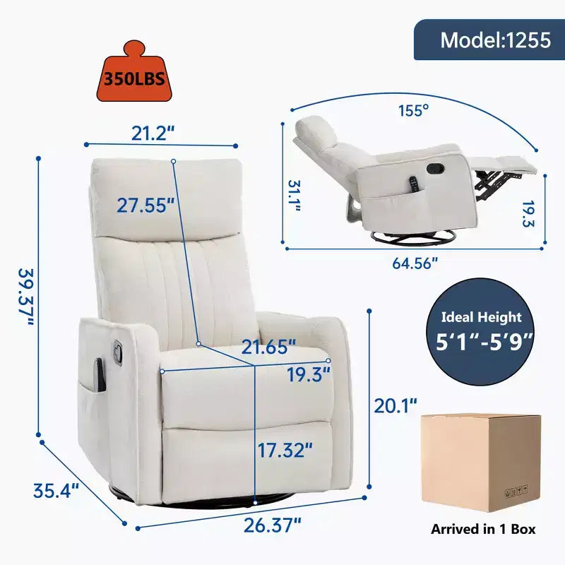 Fauteuil inclinable manuel massant et chauffant beige en tissu avec fonction bascule et pivot pour salon