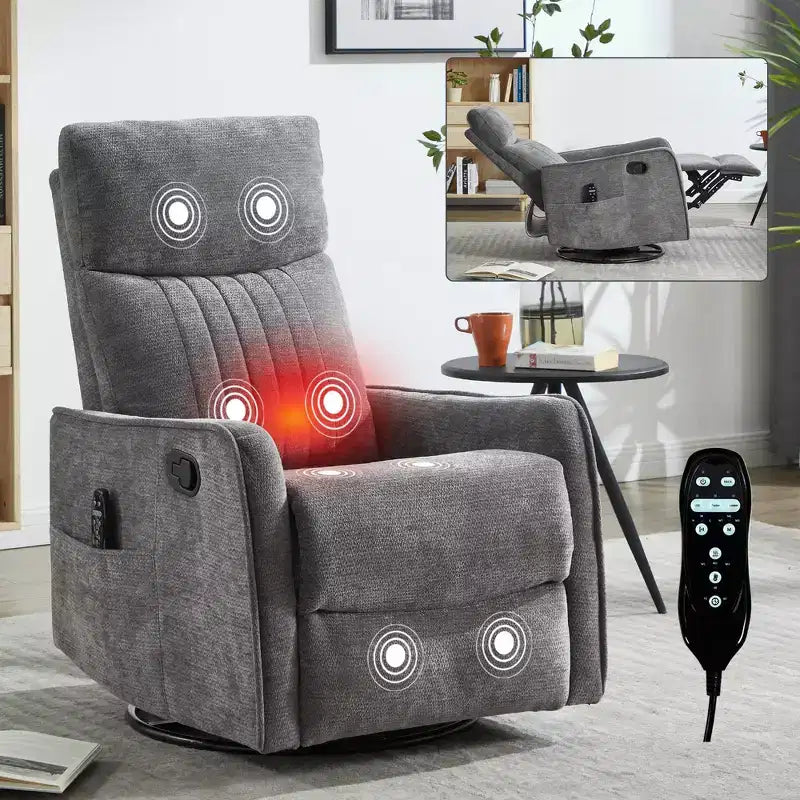 Fauteuil inclinable manuel massant et chauffant beige en tissu avec fonction bascule et pivot pour salon