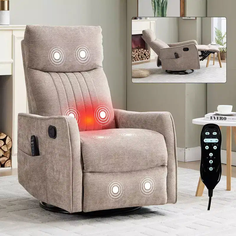 Fauteuil inclinable manuel massant et chauffant beige en tissu avec fonction bascule et pivot pour salon