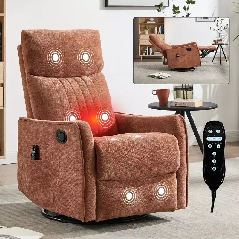 Fauteuil inclinable manuel massant et chauffant beige en tissu avec fonction bascule et pivot pour salon