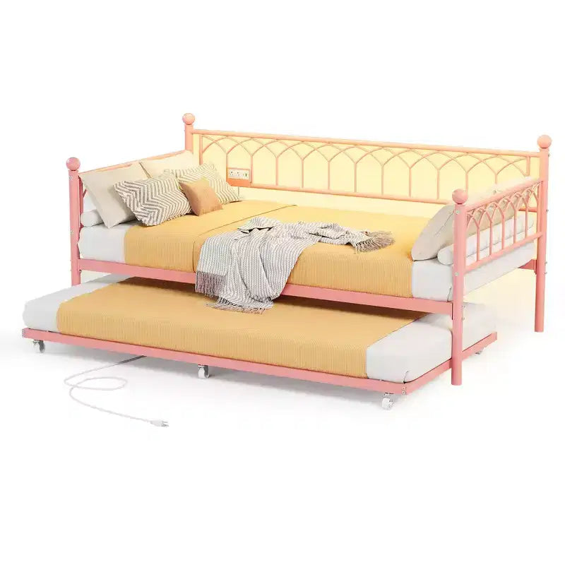 Lit de repos double, cadre de canapé-lit en métal avec lit gigogne pour salon, chambre, appartement et petits espaces