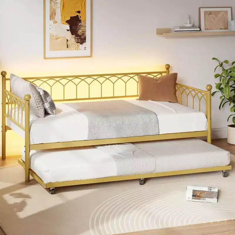 Lit de repos double, cadre de canapé-lit en métal avec lit gigogne pour salon, chambre, appartement et petits espaces