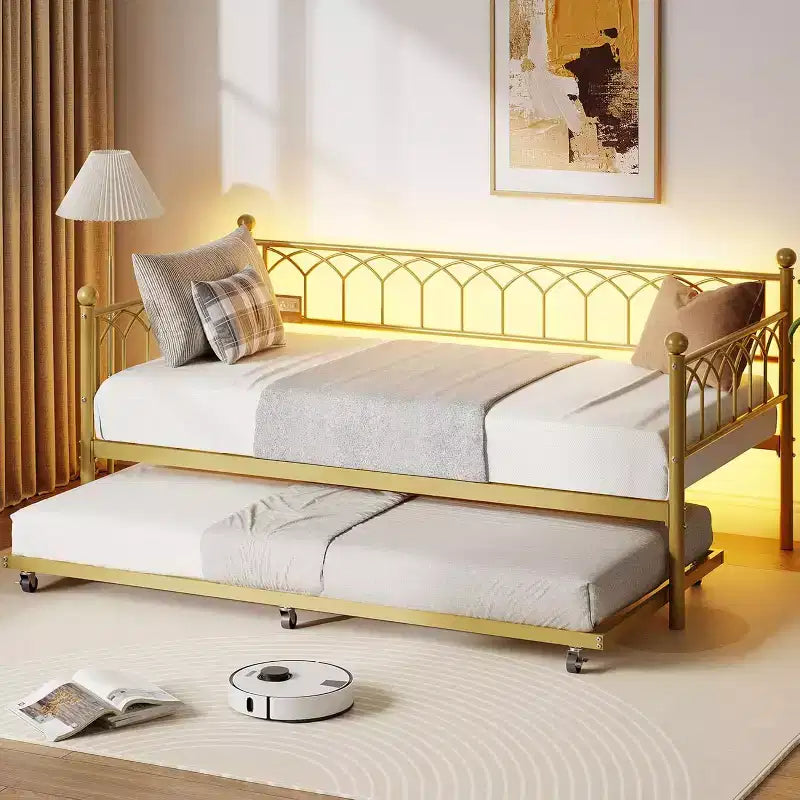 Lit de repos double, cadre de canapé-lit en métal avec lit gigogne pour salon, chambre, appartement et petits espaces