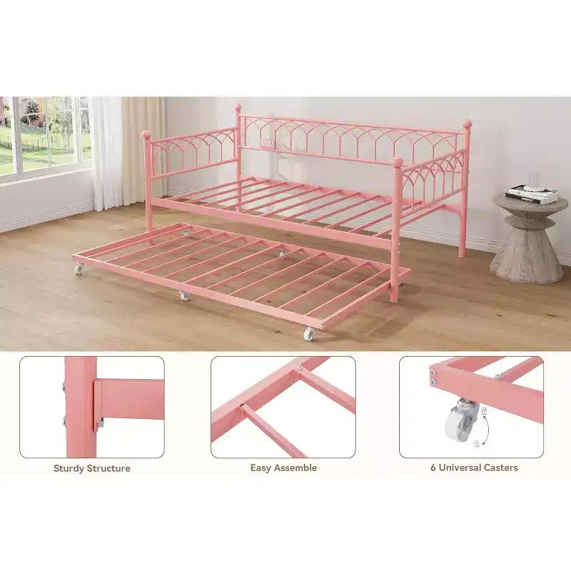 Lit de repos double, cadre de canapé-lit en métal avec lit gigogne pour salon, chambre, appartement et petits espaces