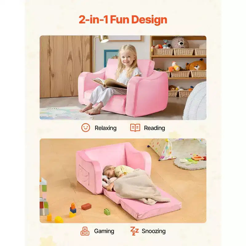VEVOR Canapé 2-en-1 pour enfants, canapé doux pliable pour tout-petits avec accoudoirs, en éponge 28D et poil court, chaise longue convertible pour tout-petits, M, Rose