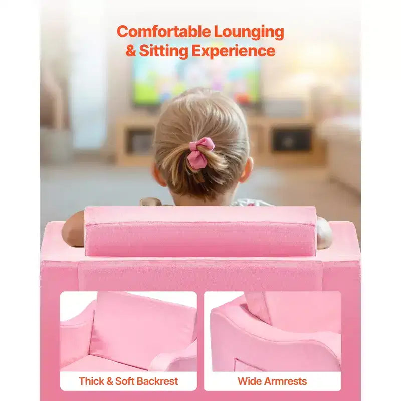 VEVOR Canapé 2-en-1 pour enfants, canapé doux pliable pour tout-petits avec accoudoirs, en éponge 28D et poil court, chaise longue convertible pour tout-petits, M, Rose