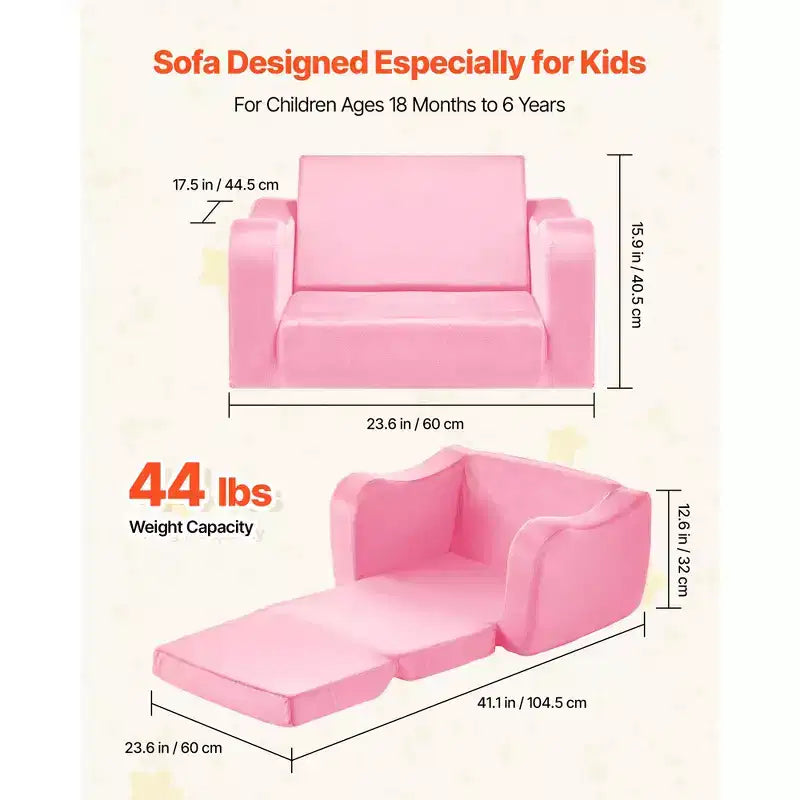 VEVOR Canapé 2-en-1 pour enfants, canapé doux pliable pour tout-petits avec accoudoirs, en éponge 28D et poil court, chaise longue convertible pour tout-petits, M, Rose