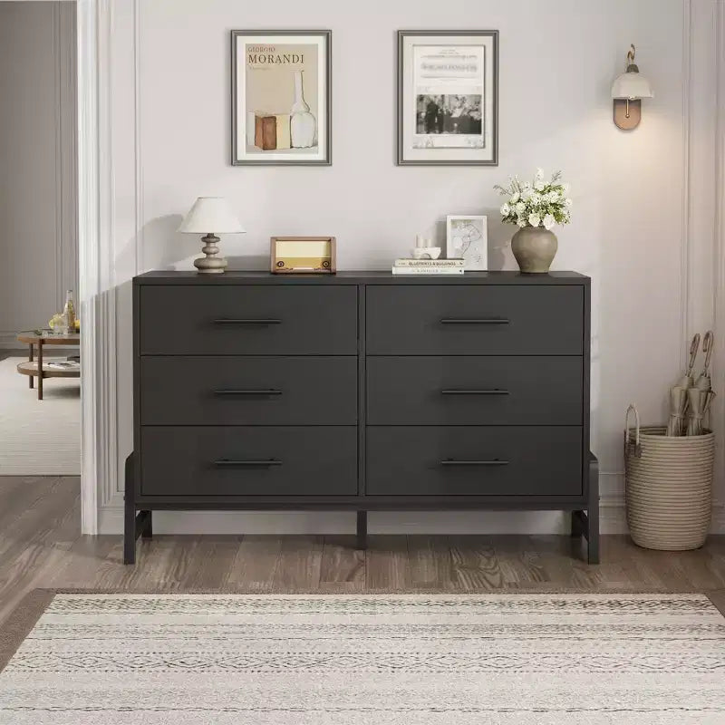 Commode 6 tiroirs Garvee pour chambre à coucher, tiroir de 52 pouces de large avec grand espace de rangement, commode de rangement autoportante en bois pour chambre à coucher