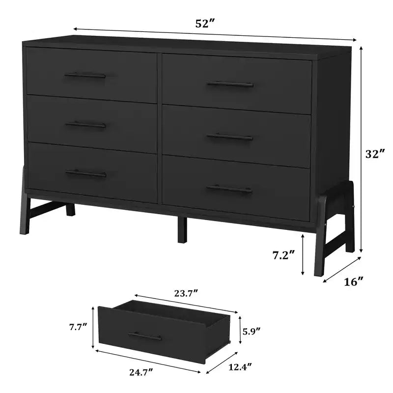 Commode 6 tiroirs Garvee pour chambre à coucher, tiroir de 52 pouces de large avec grand espace de rangement, commode de rangement autoportante en bois pour chambre à coucher