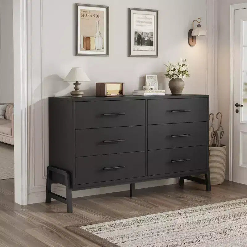 Commode 6 tiroirs Garvee pour chambre à coucher, tiroir de 52 pouces de large avec grand espace de rangement, commode de rangement autoportante en bois pour chambre à coucher