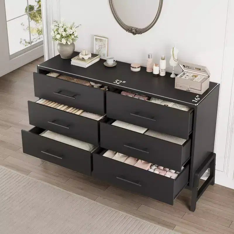 Commode 6 tiroirs Garvee pour chambre à coucher, tiroir de 52 pouces de large avec grand espace de rangement, commode de rangement autoportante en bois pour chambre à coucher