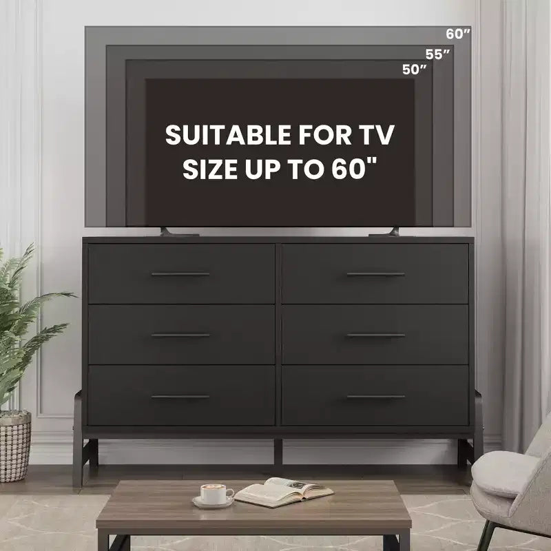 Commode 6 tiroirs Garvee pour chambre à coucher, tiroir de 52 pouces de large avec grand espace de rangement, commode de rangement autoportante en bois pour chambre à coucher
