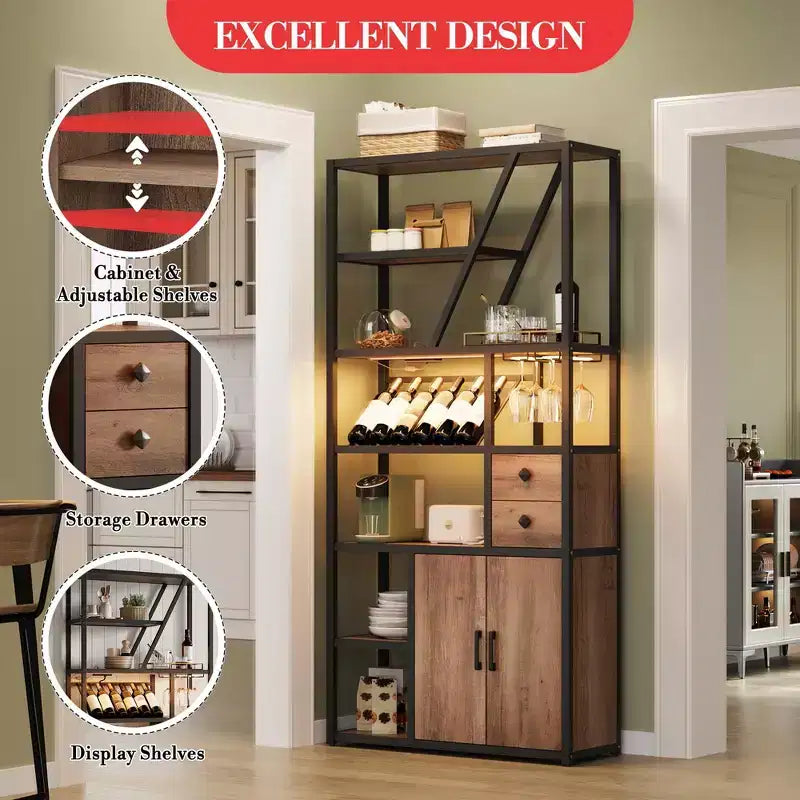 Armoire de bar haute de 71,2 po avec lumières DEL, prises de courant et porte-verres pour salon