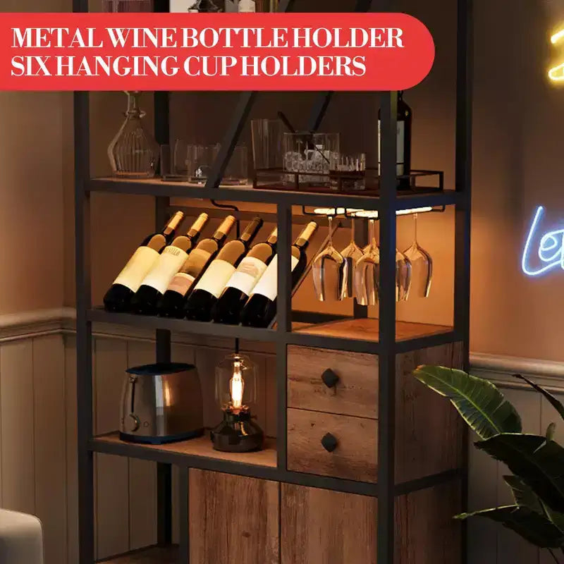 Armoire de bar haute de 71,2 po avec lumières DEL, prises de courant et porte-verres pour salon