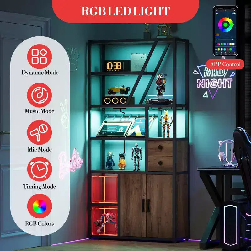 Armoire de bar haute de 71,2 po avec lumières DEL, prises de courant et porte-verres pour salon